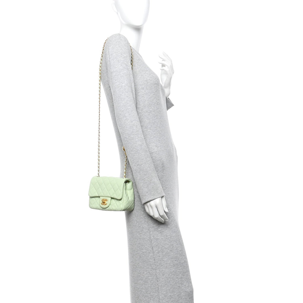 Lambskin Quilted Mini Pearl Crush Flap Light Green