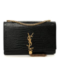 Calfskin Crocodile Embossed Medium Classic Monogram Kate Tassel Satchel Black