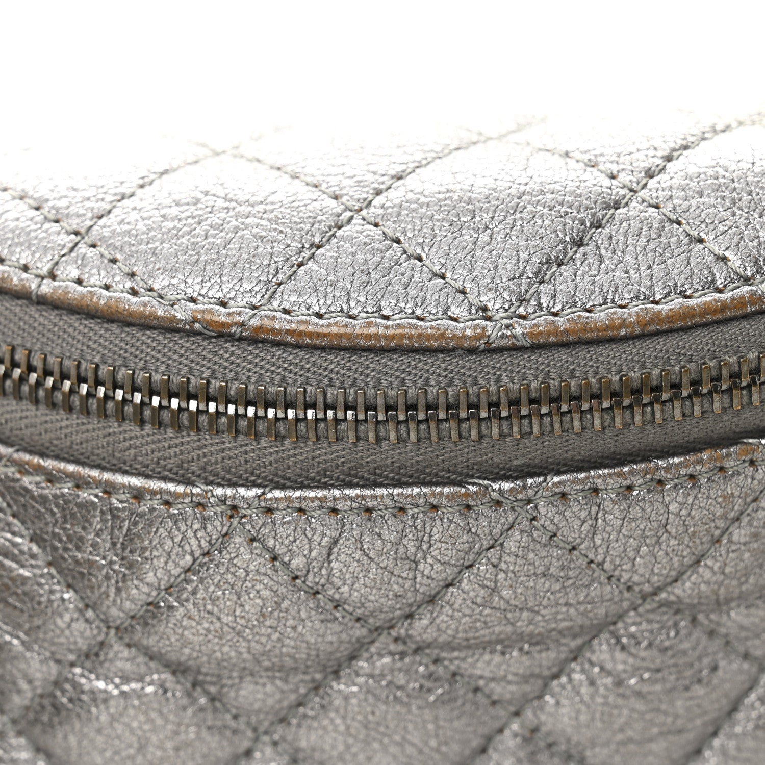 Metallic Calfskin Quilted Banane Waist Bag Fanny Pack Dark Silver