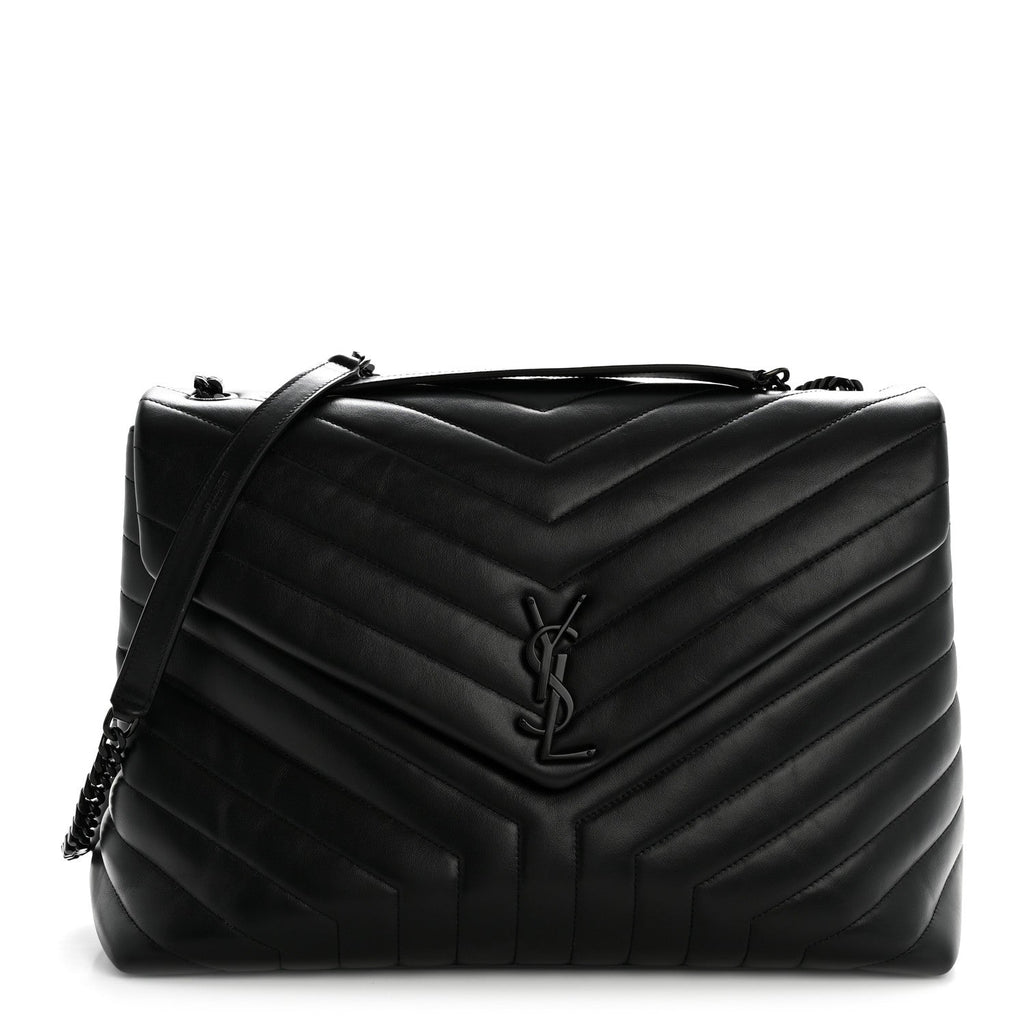 Calfskin Y Quilted Monogram Monochrome Large Loulou Chain Satchel Black