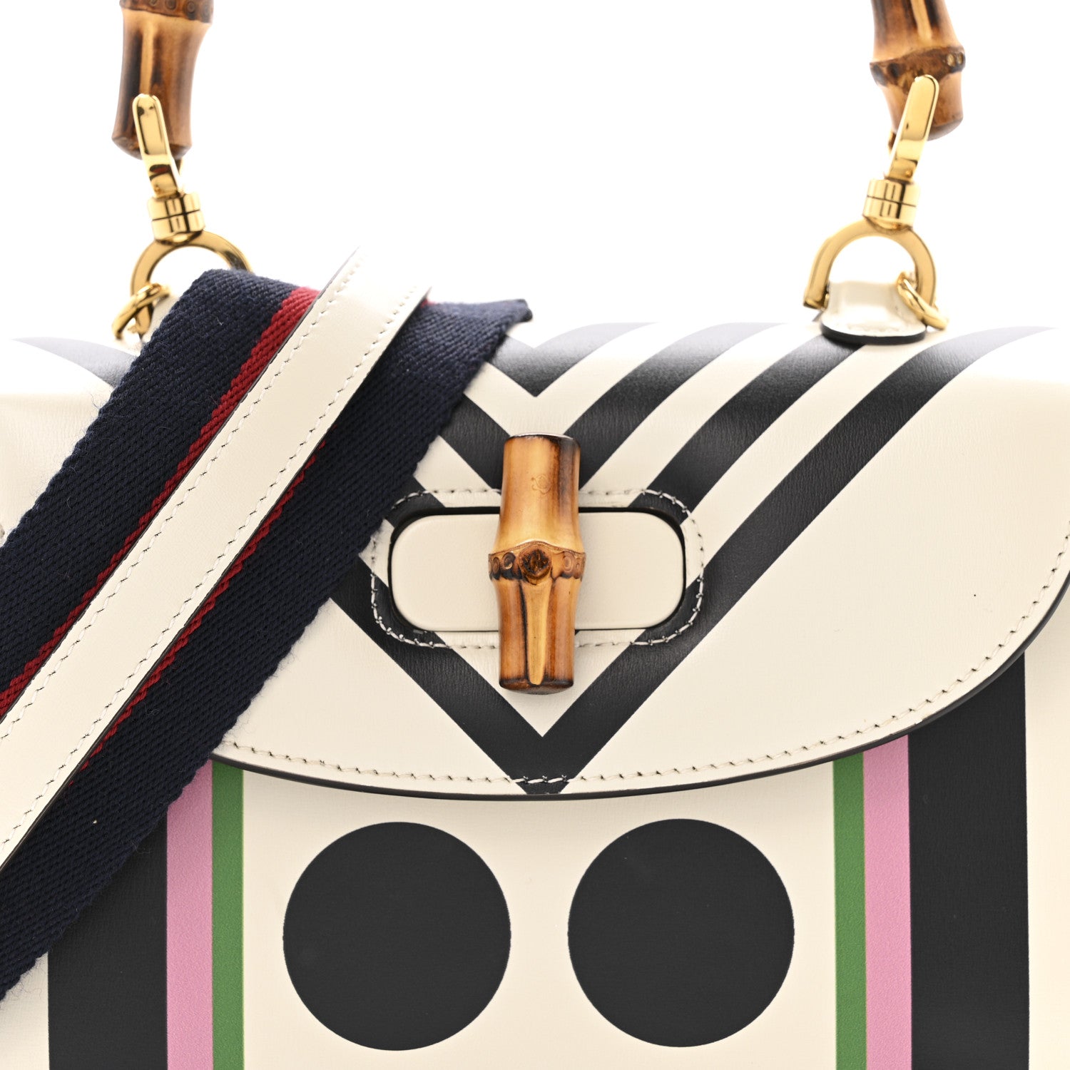 Calfskin Web Geometric Print Small Bamboo 1947 Top Handle Bag White Multicolor