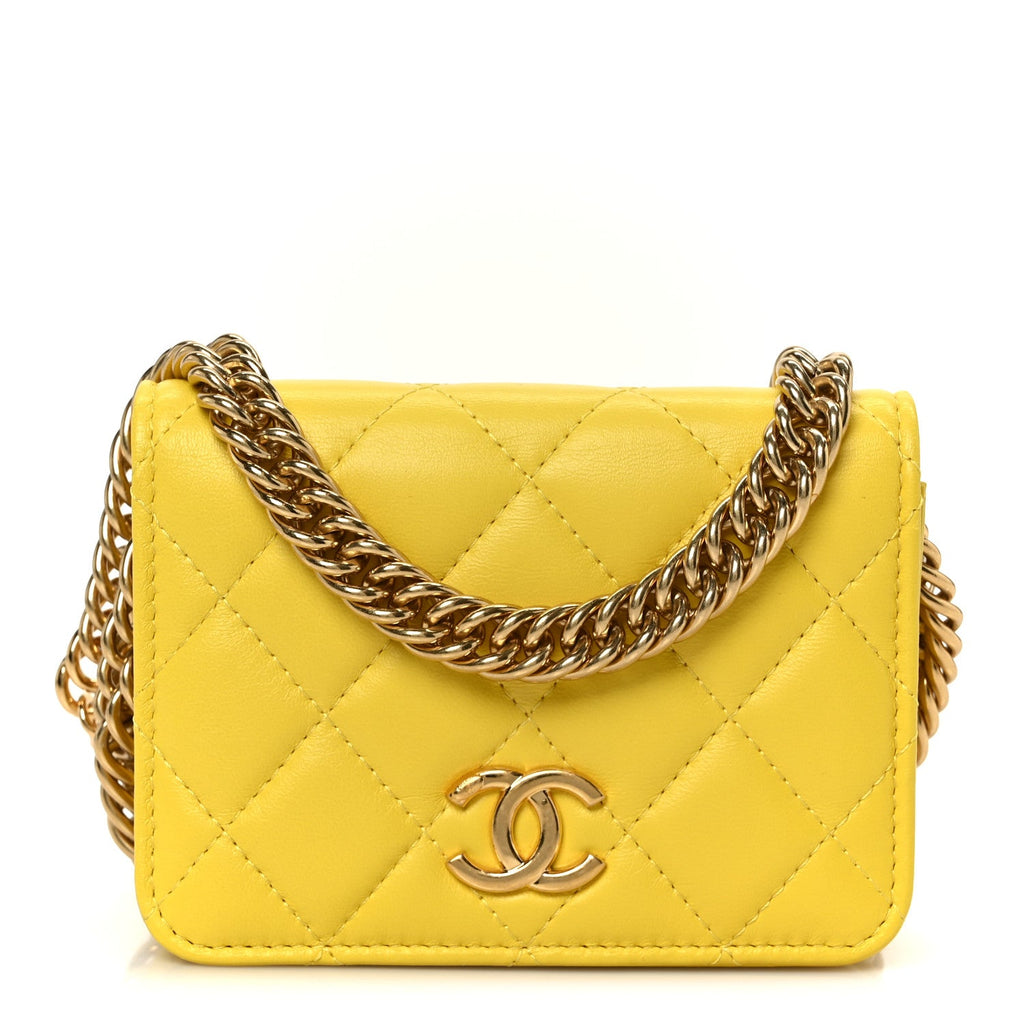 Lambskin Quilted Enamel Logo Flap  Holder On Chain Yellow