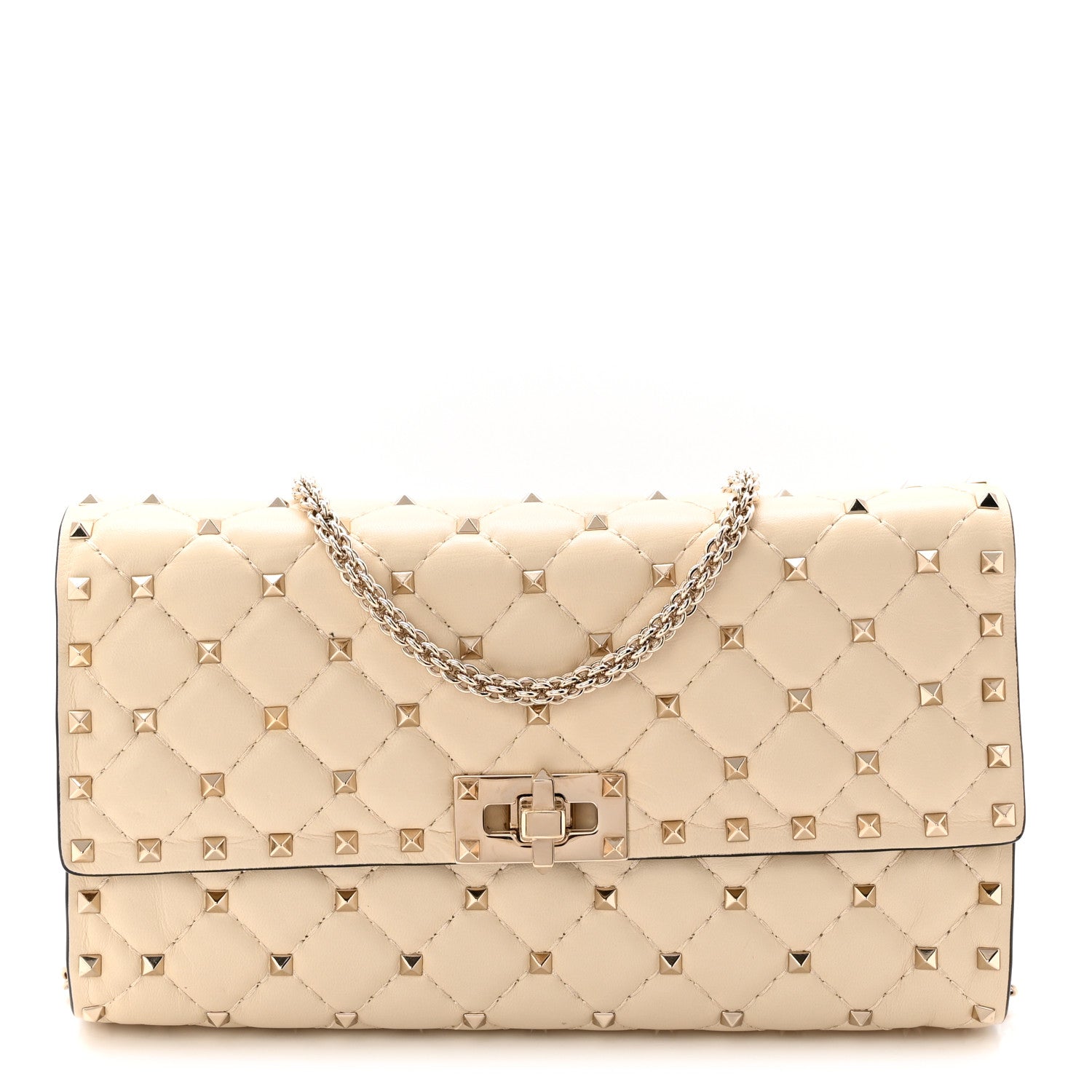 Lambskin Rockstud Spike Wallet on Chain Light Ivory