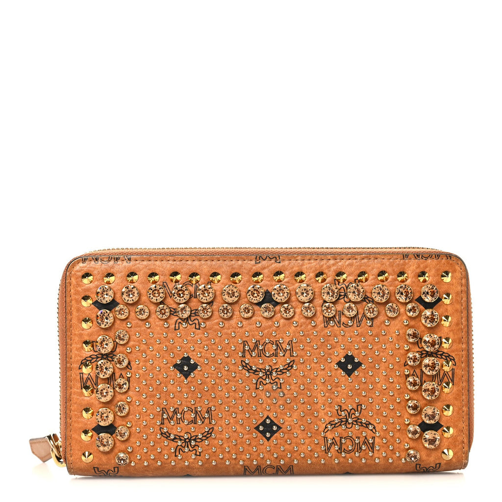 Visetos Studded Crystal Zip Around Wallet Cognac