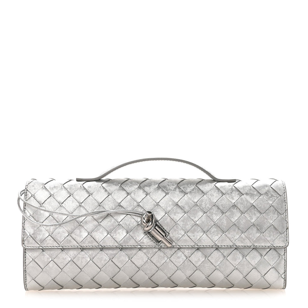 Metallic Lambskin Intrecciato Long Andiamo Top Handle Clutch Silver