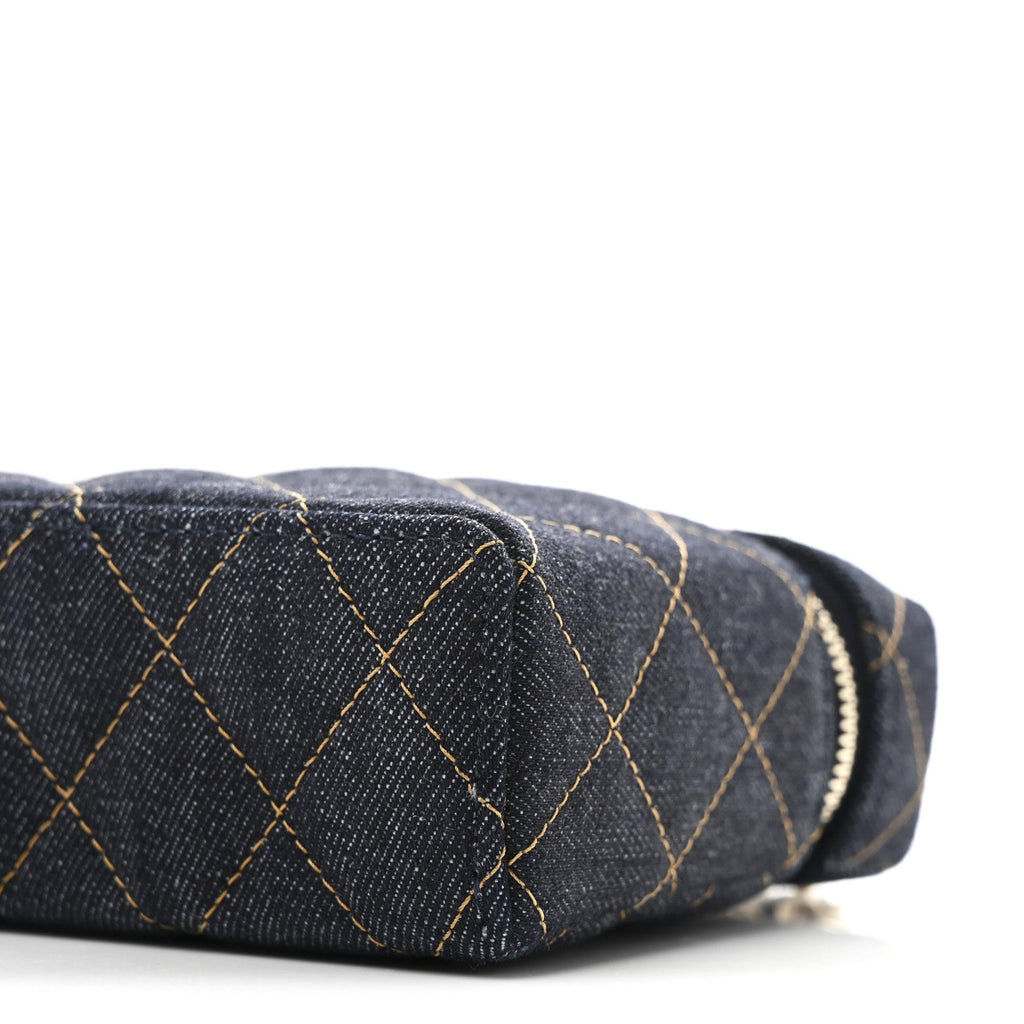 Denim Quilted Top Handle Slim Vanity Case With Chain Dark Blue Orange