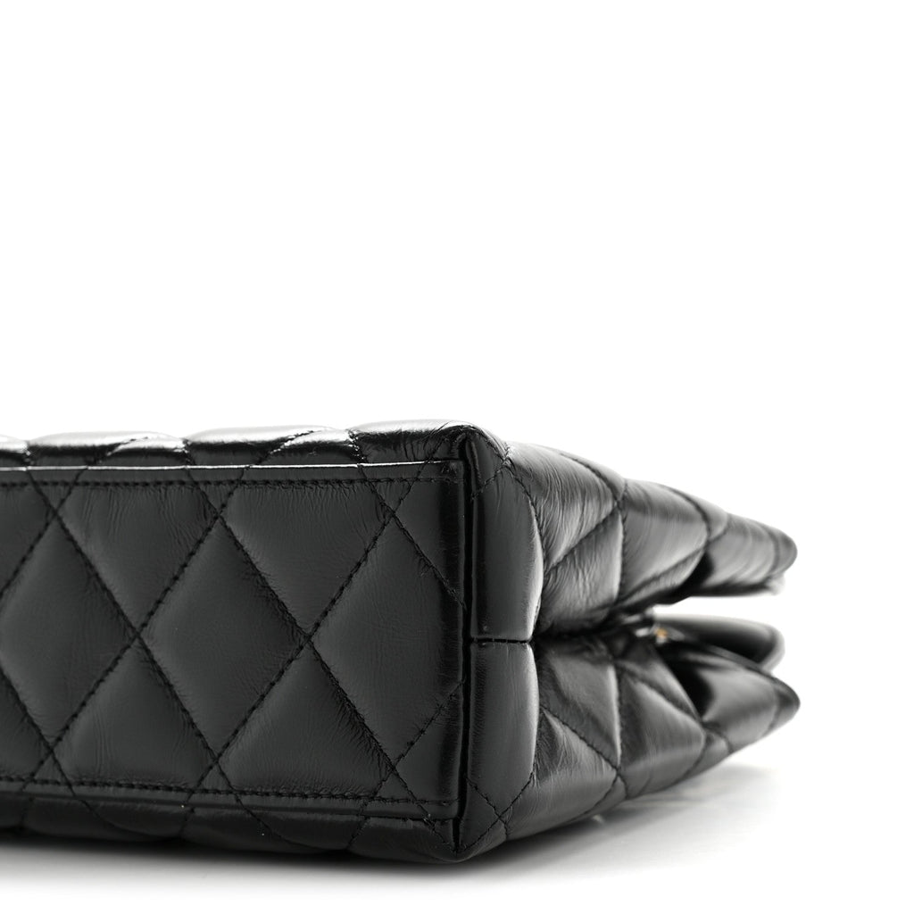 Shiny Aged Calfskin Quilted Nano Kelly Shopper Black