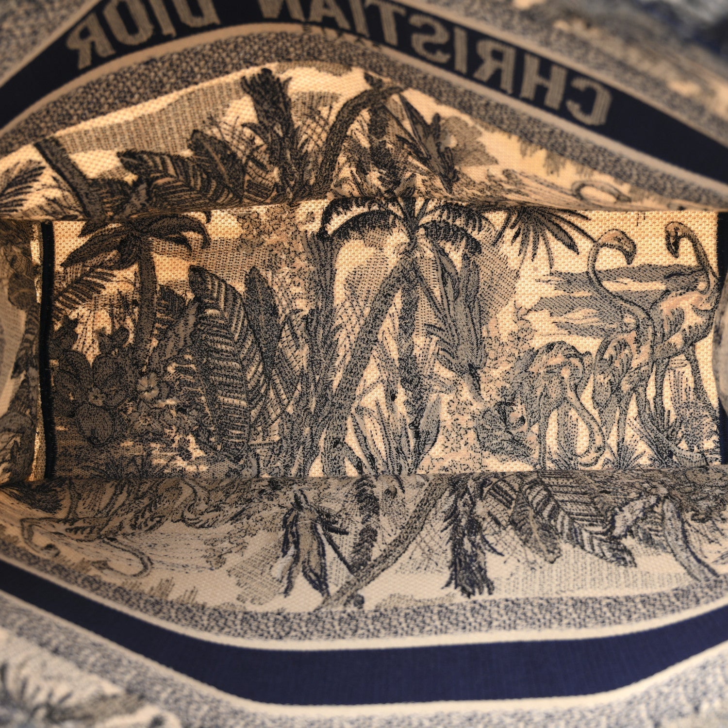 Canvas Embroidered Large Palm Tree Toile De Jouy Book Tote Blue
