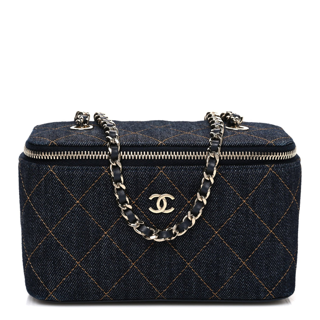 Denim Quilted Vanity Case With Chain Dark Blue Orange