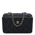 Denim Quilted Vanity Case With Chain Dark Blue Orange