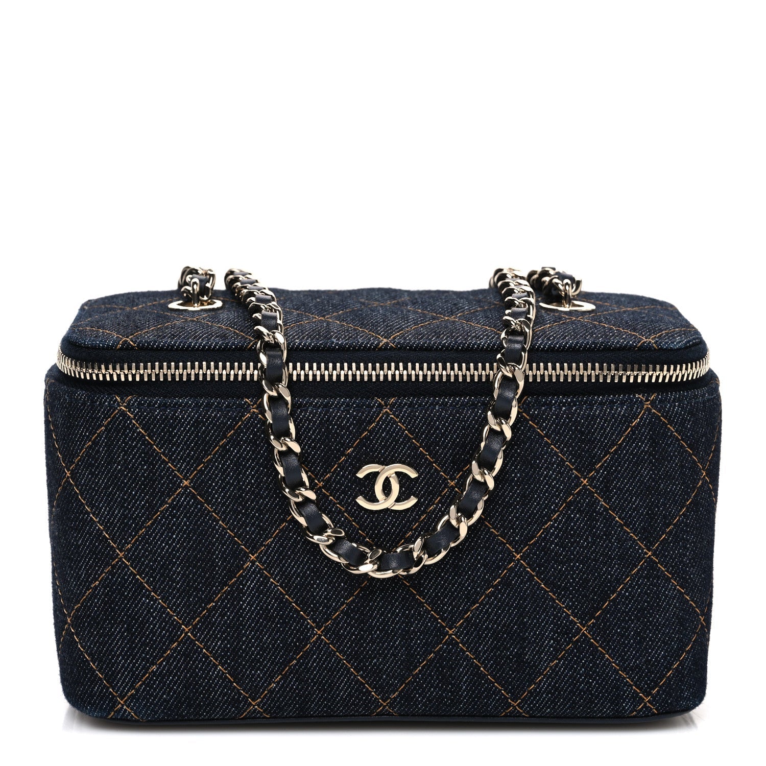 Denim Quilted Vanity Case With Chain Dark Blue Orange