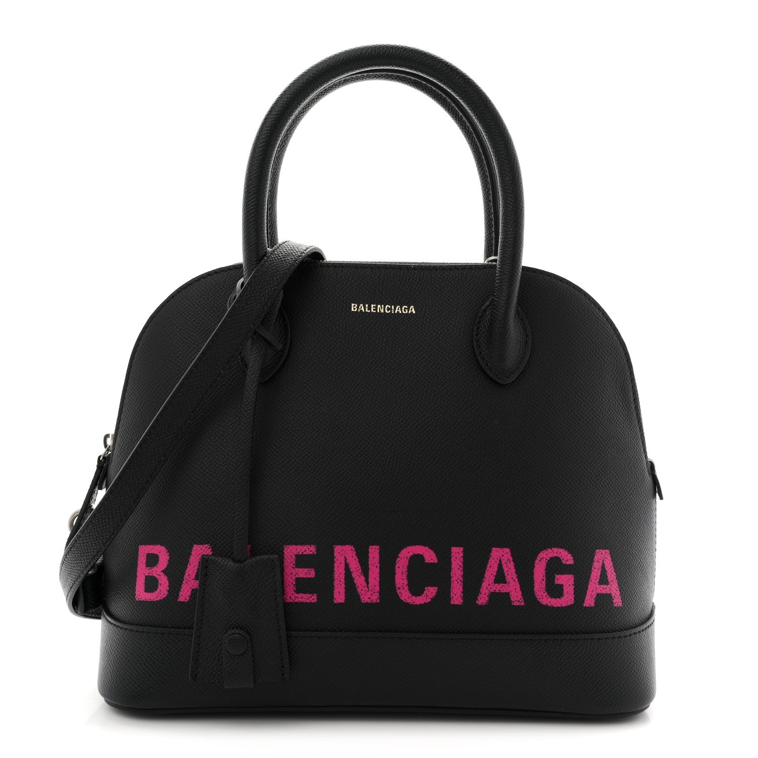 Signature Grained Calfskin Logo S Ville Top Handle Bag Black Rose Shocking