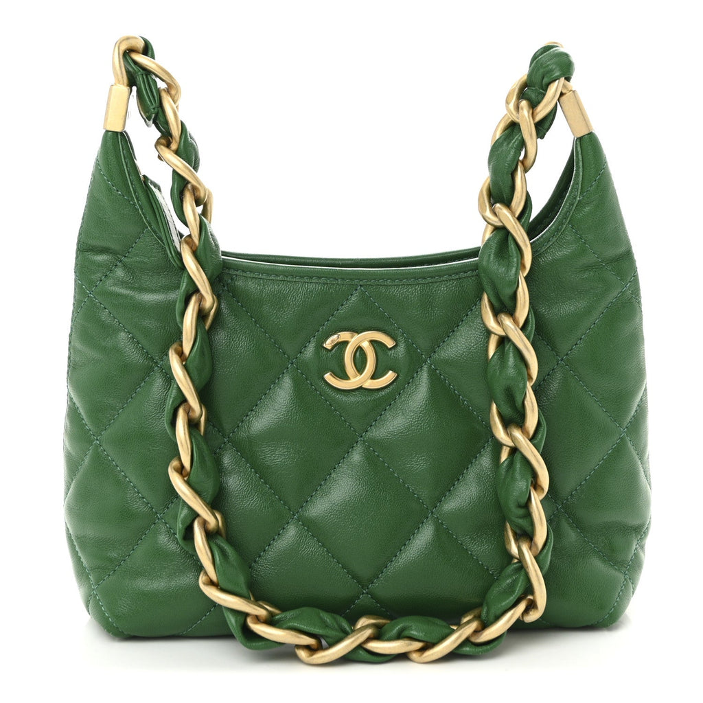 Shiny Crumpled Lambskin Quilted Small CC Funky Town Hobo Green