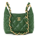 Shiny Crumpled Lambskin Quilted Small CC Funky Town Hobo Green