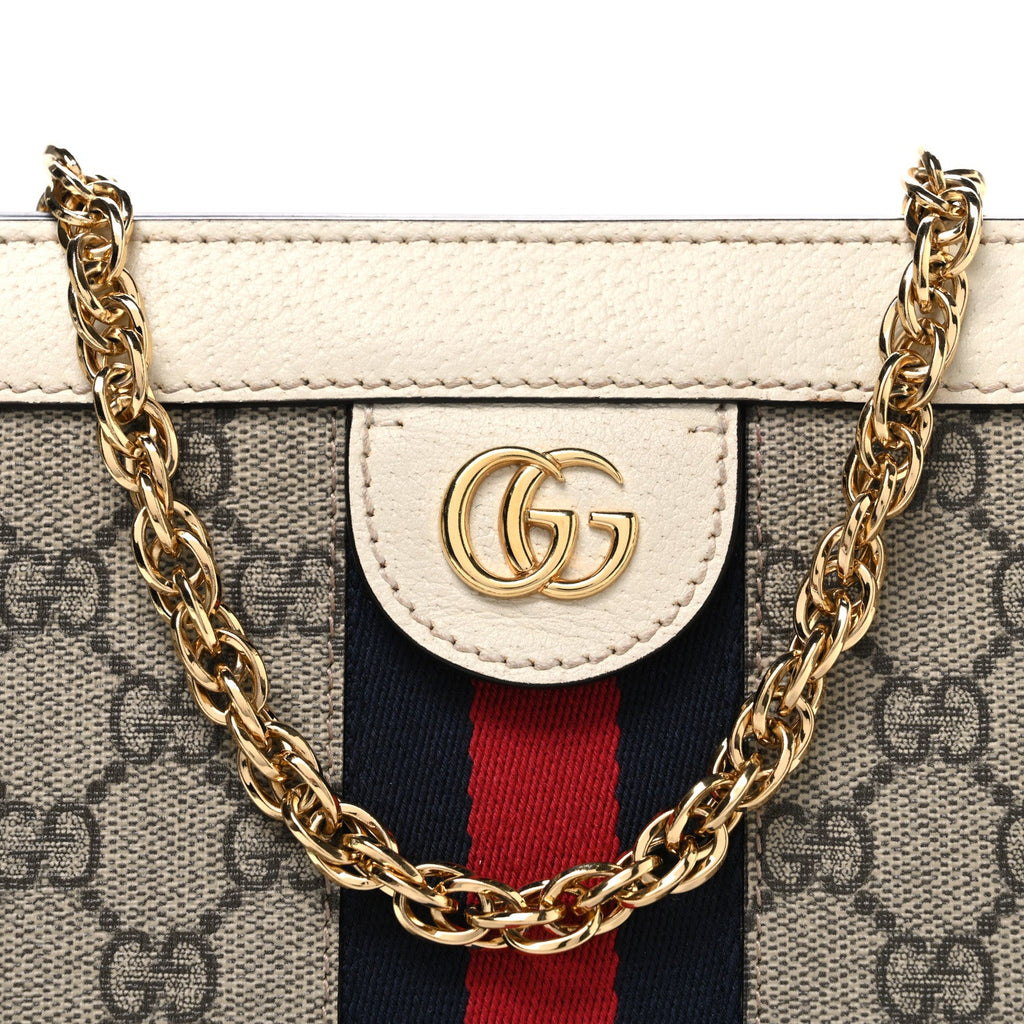 GG Supreme Monogram Textured Calfskin Web Small Ophidia Chain Shoulder Bag Beige Ebony Mystic White