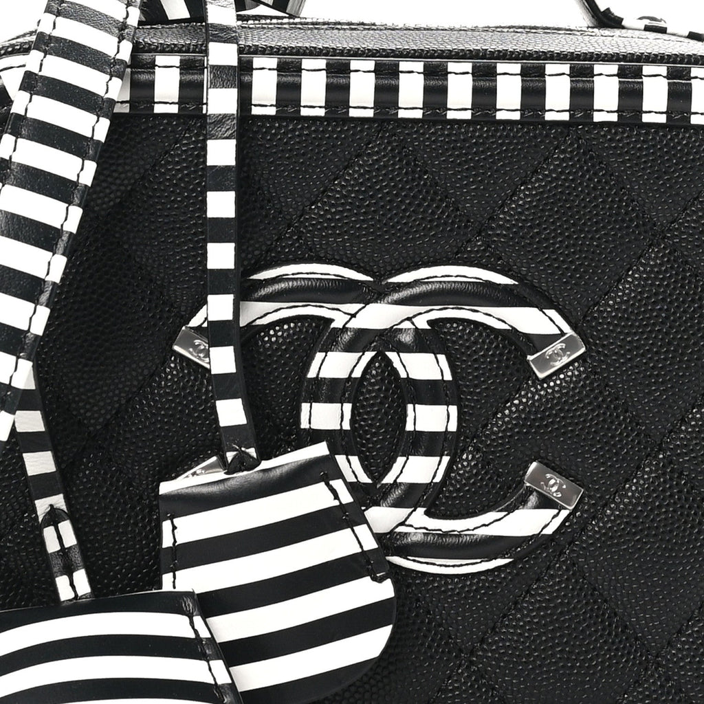 Caviar Quilted Striped Small CC Filigree Vanity Case Black White