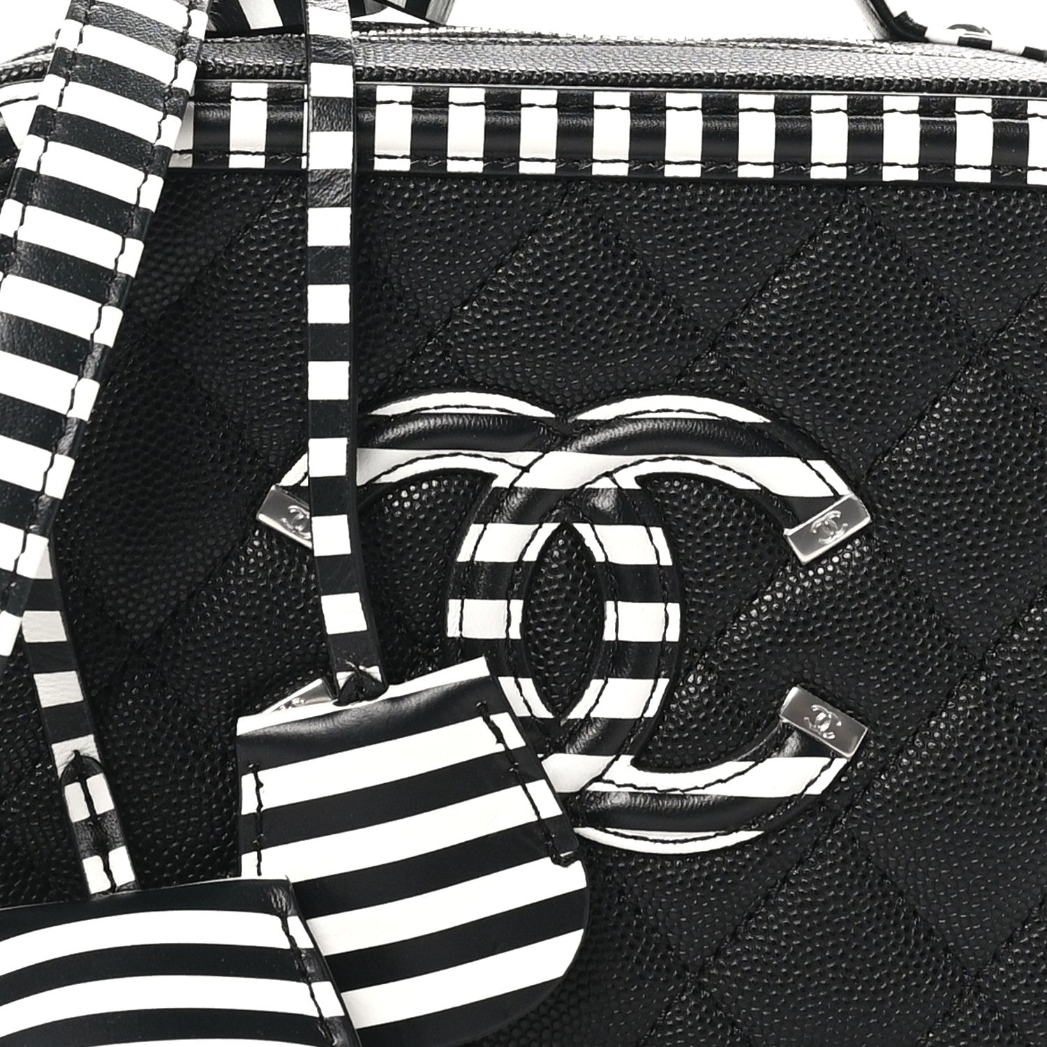 Caviar Quilted Striped Small CC Filigree Vanity Case Black White