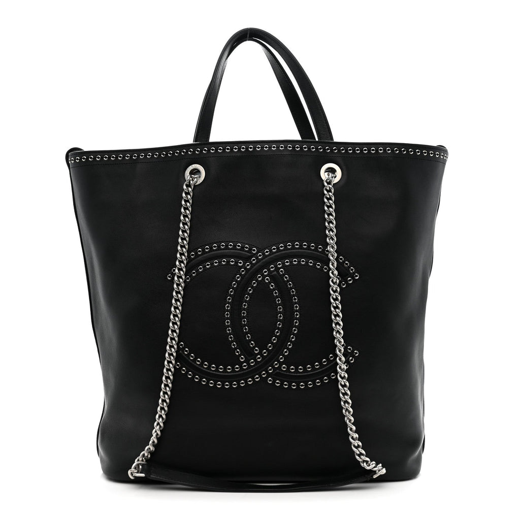 Calfskin Large Coco Eyelets Shopping Tote Black