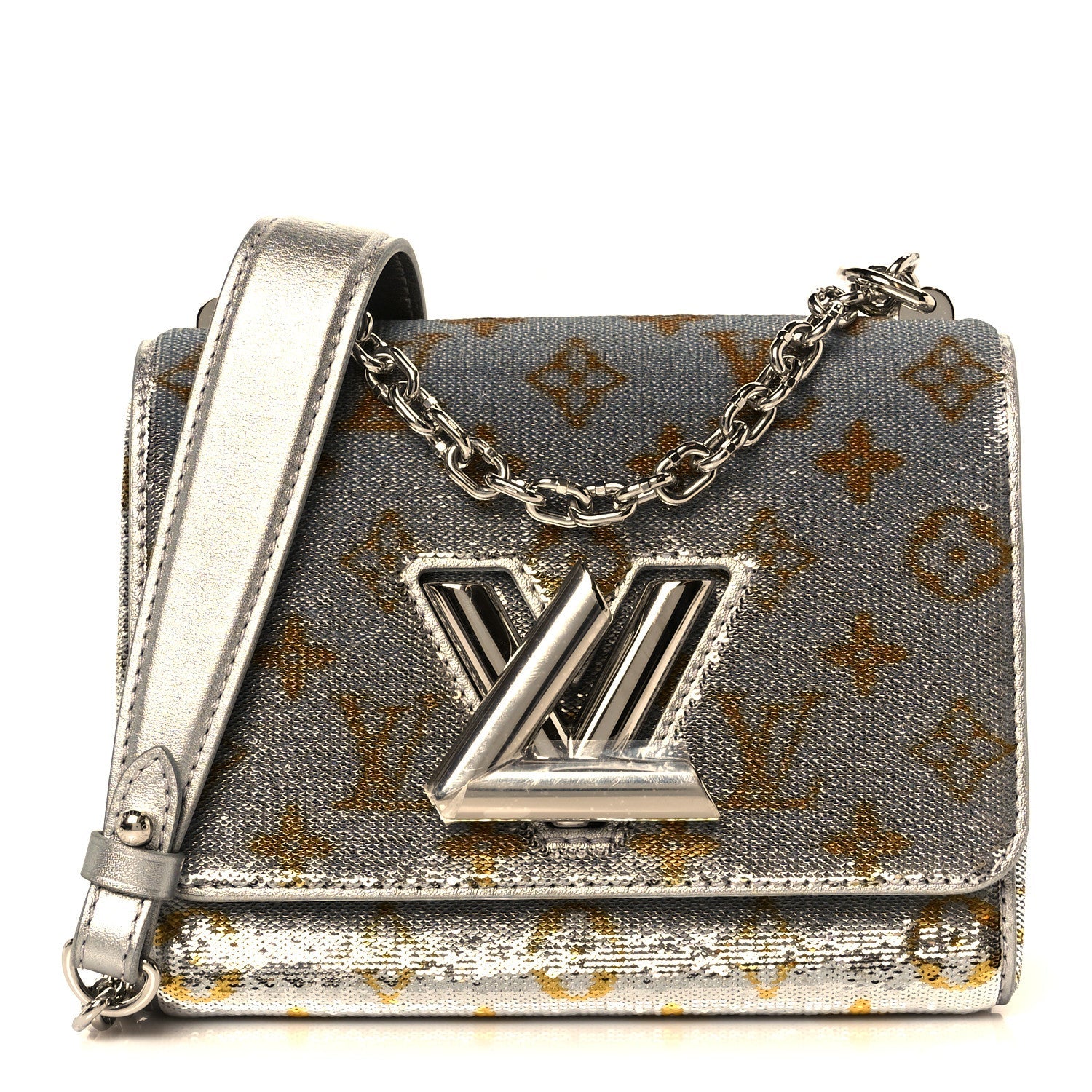 Sequins Monogram Twist Shoulder Bag PM Gold Silver