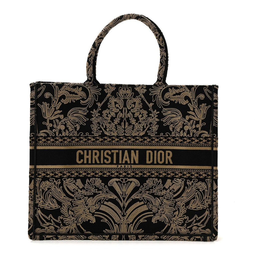 Canvas Embroidered Large Ornamental Cornely Effect Book Tote Black Beige