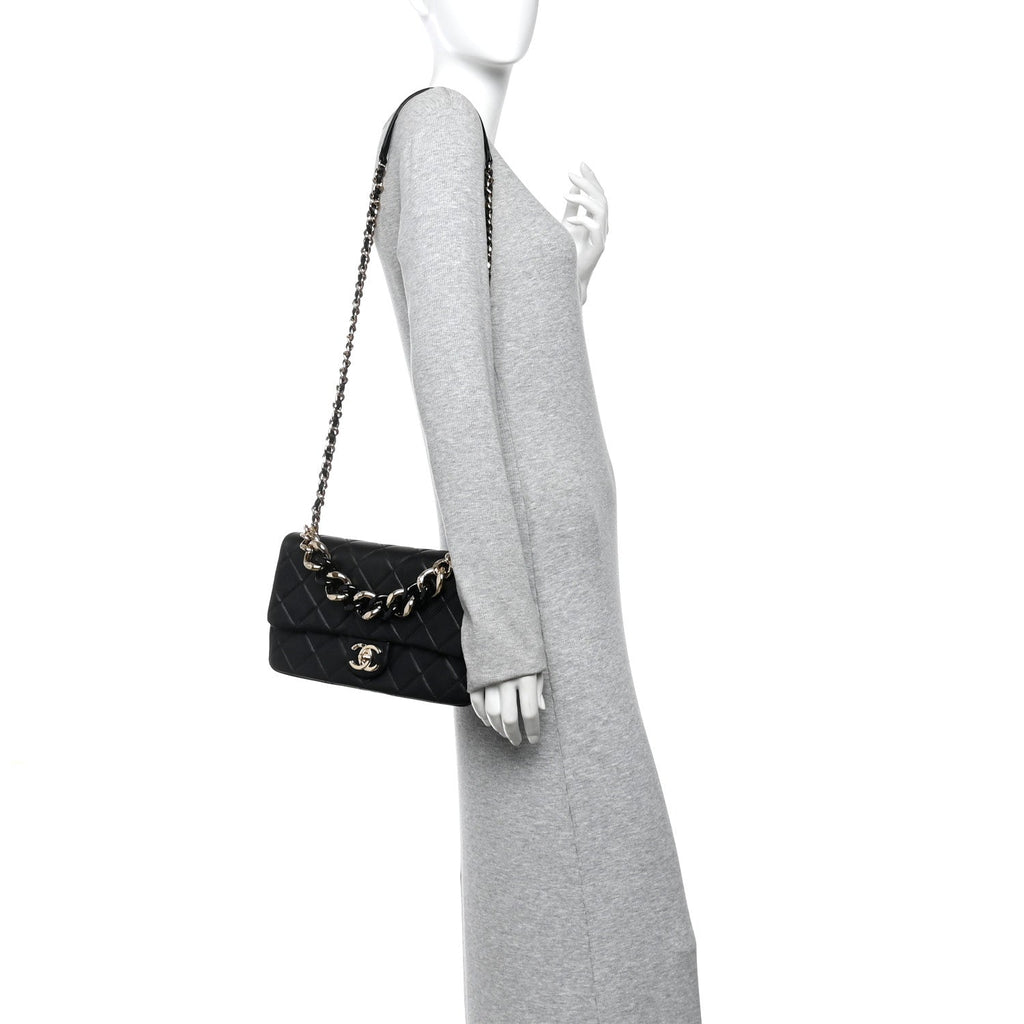 Lambskin Quilted Resin Bi-Color Chain Flap Bag Black