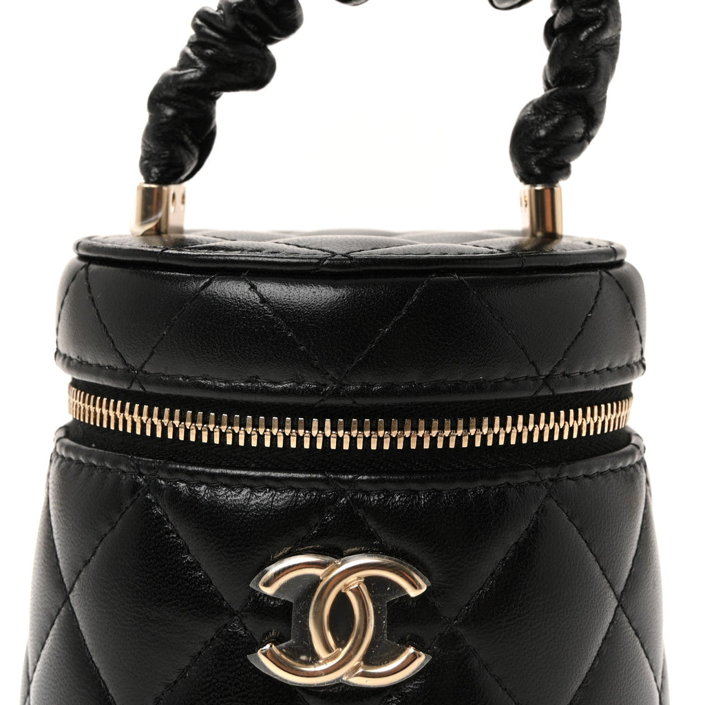 Lambskin Quilted Ruched Handle Vanity Case Black