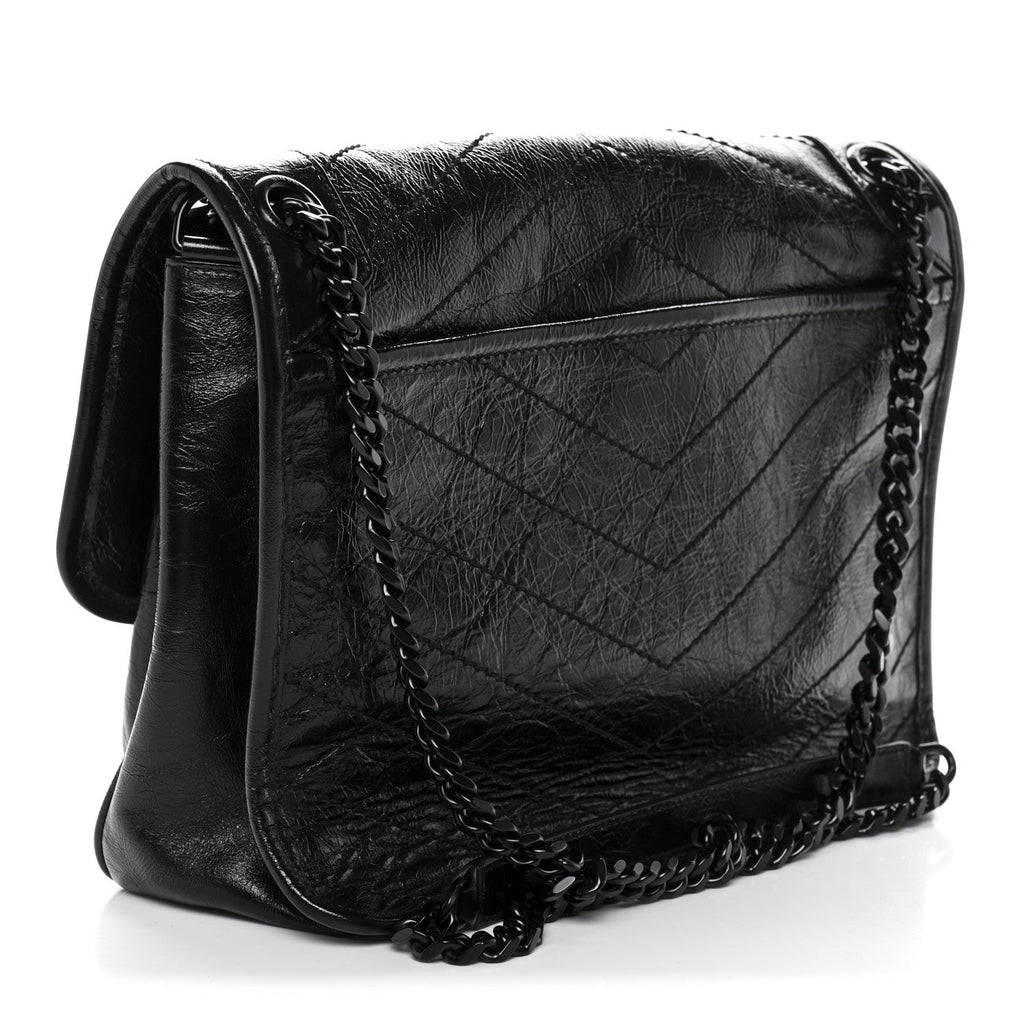 Crinkled Calfskin Matelasse Monogram Medium Niki Chain Satchel Black