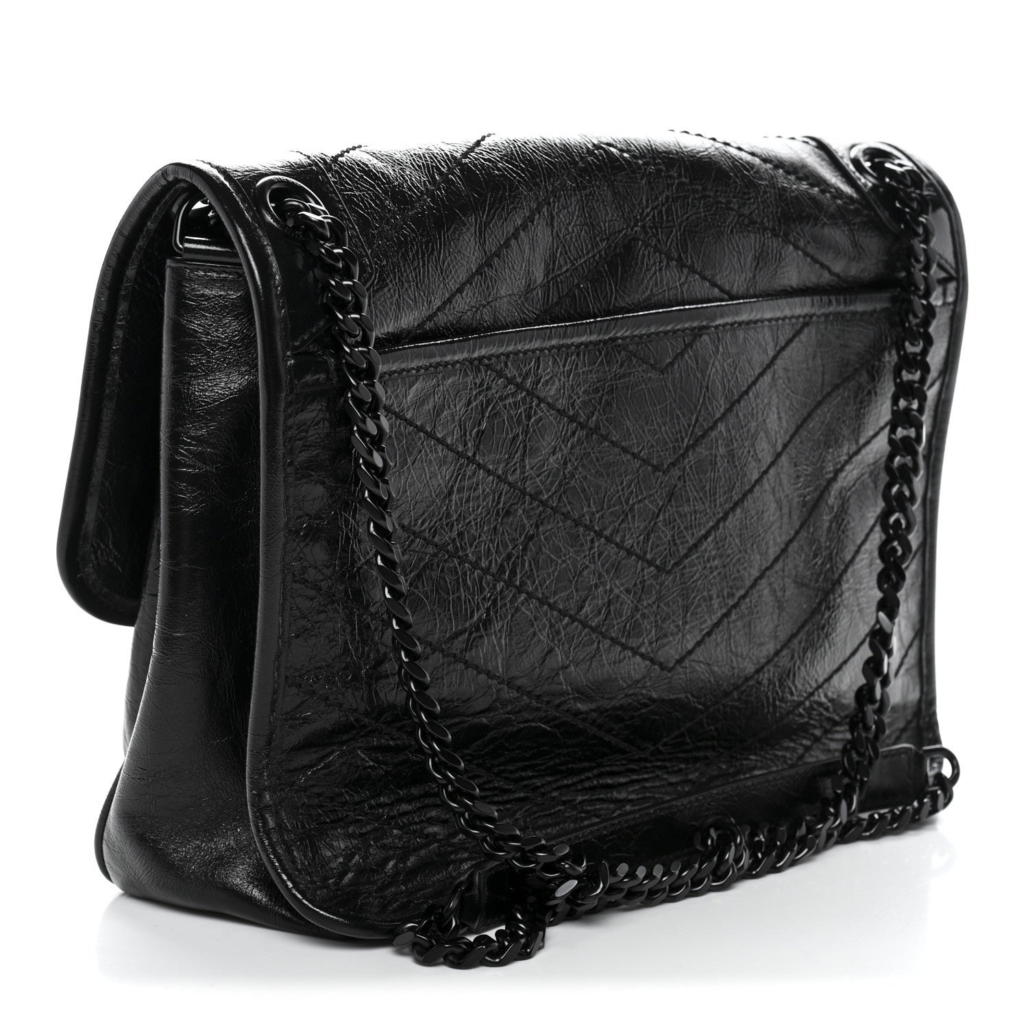 Crinkled Calfskin Matelasse Monogram Medium Niki Chain Satchel Black