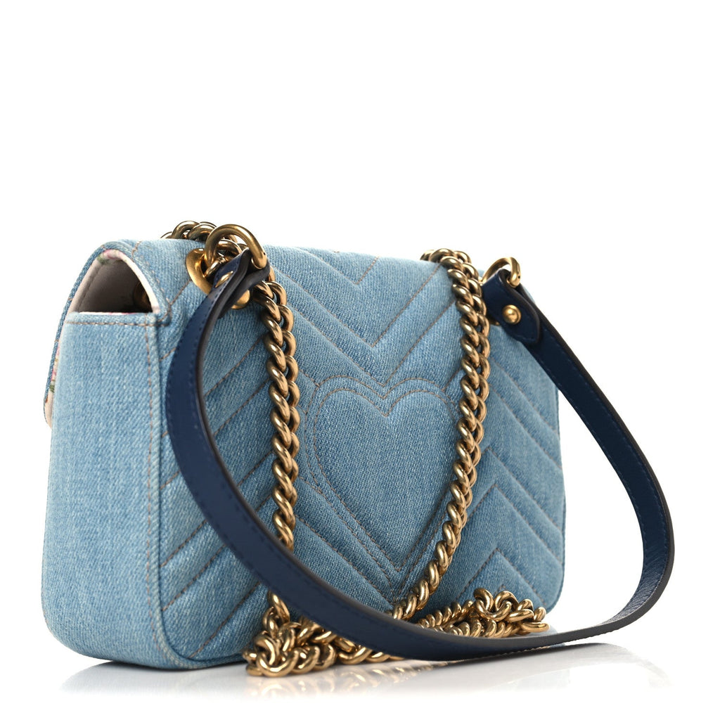 Denim Matelasse Mini Pearly GG Marmont Shoulder Bag Blue