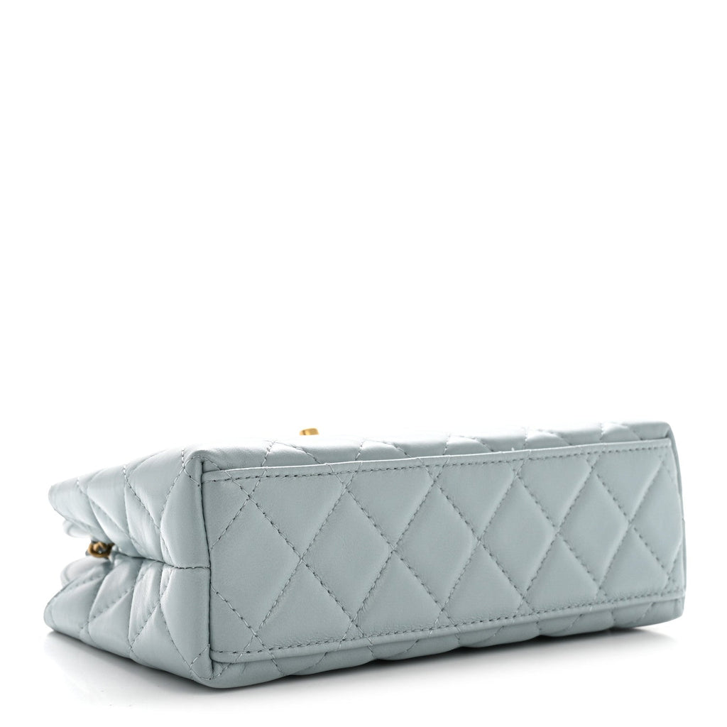 Shiny Aged Calfskin Quilted Nano Kelly Shopper Light Blue
