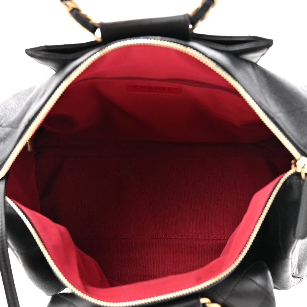 Grained Calfskin Lambskin Quilted Large Bowling Bag Black