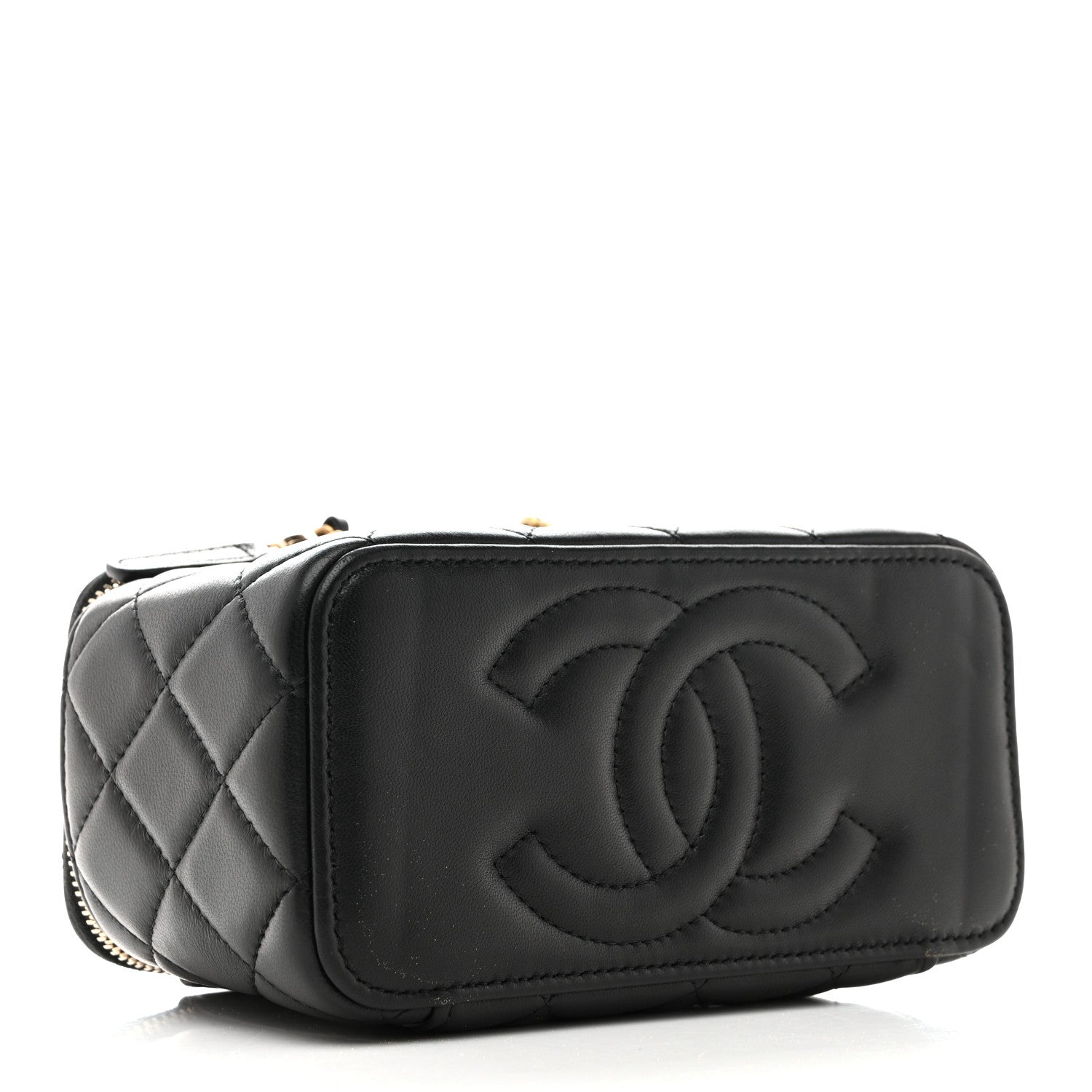 Lambskin Quilted Pearl Crush Small Vanity Case With Chain Black
