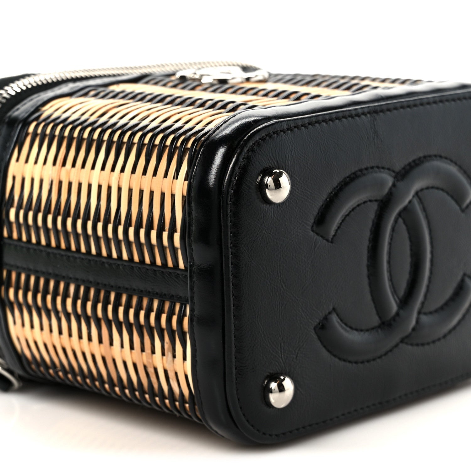 Calfskin Raffia Small Vanity Case Bag Black Beige