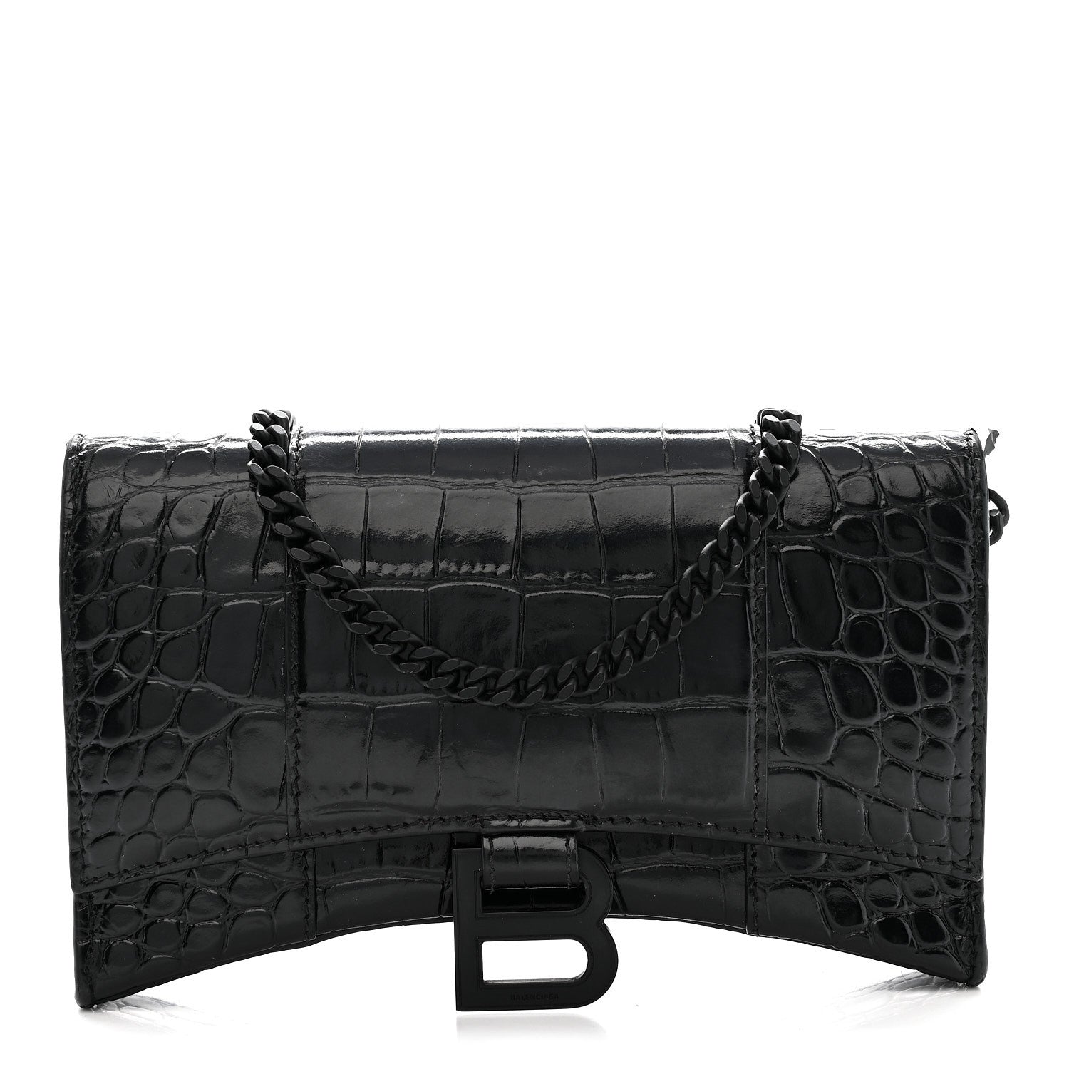 Shiny Calfskin Monochrome Crocodile Embossed Hourglass Chain Bag Black