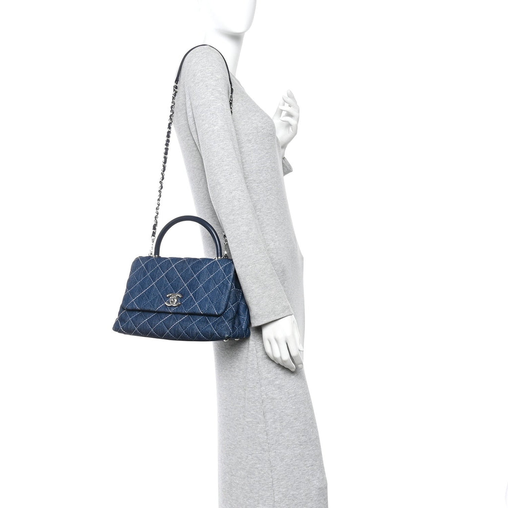 Denim Quilted Small Coco Handle Flap Blue