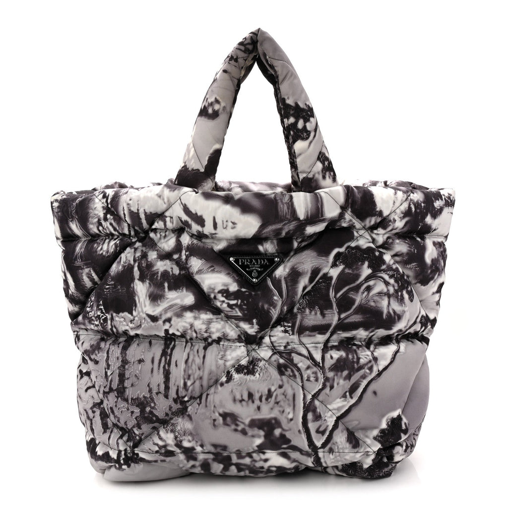 Re-Nylon Padded Printed Medium Tote Bag Black White