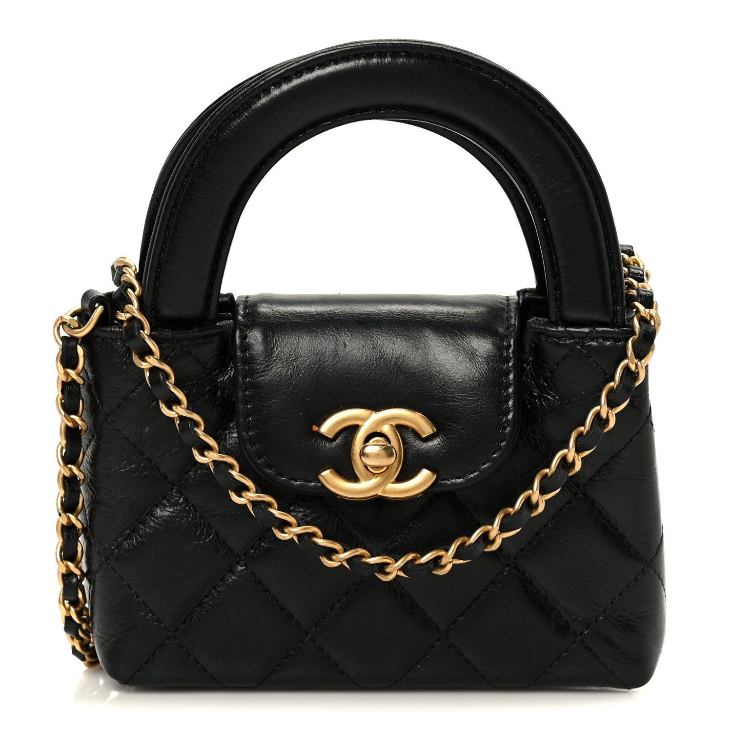 Shiny Aged Calfskin Quilted Mini Nano Kelly Shopper Black