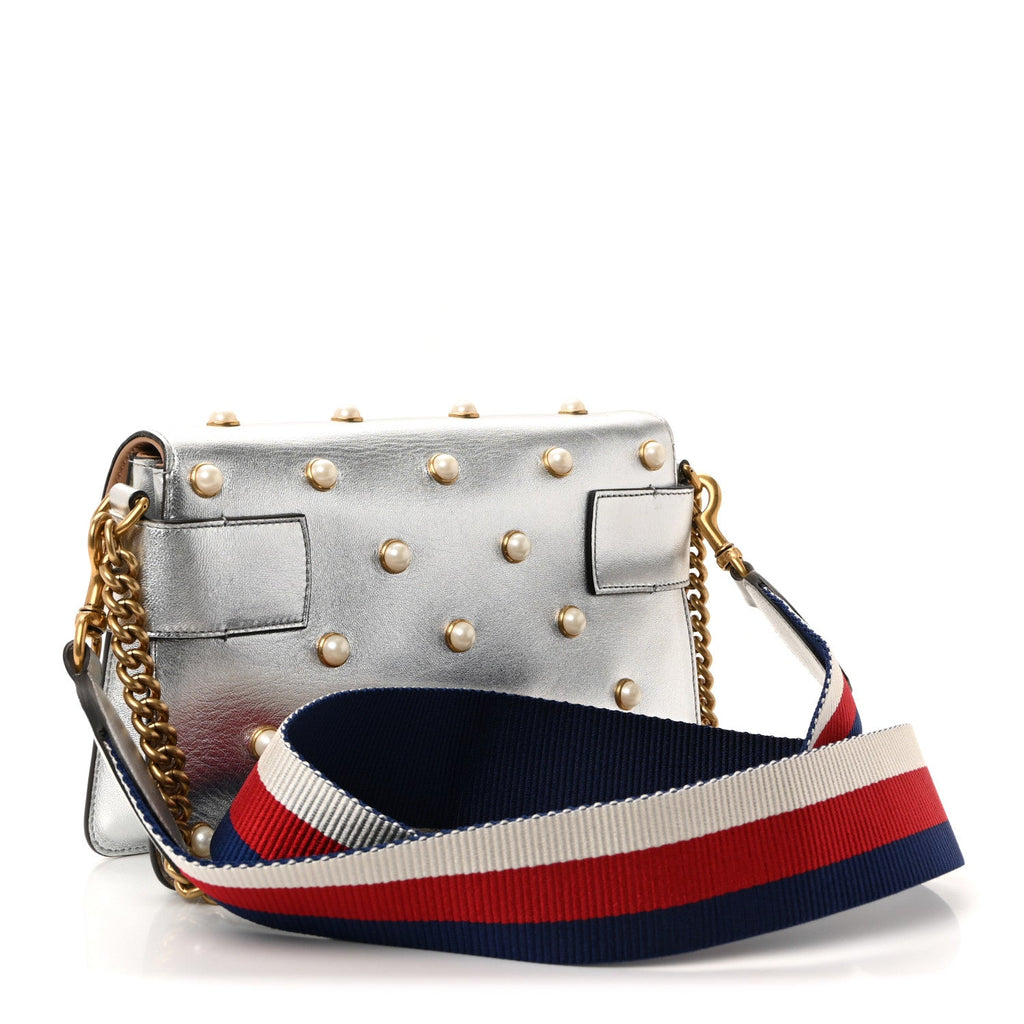 Metallic Nappa Pearl Studded Mini Queen Margaret Broadway Shoulder Bag Silver