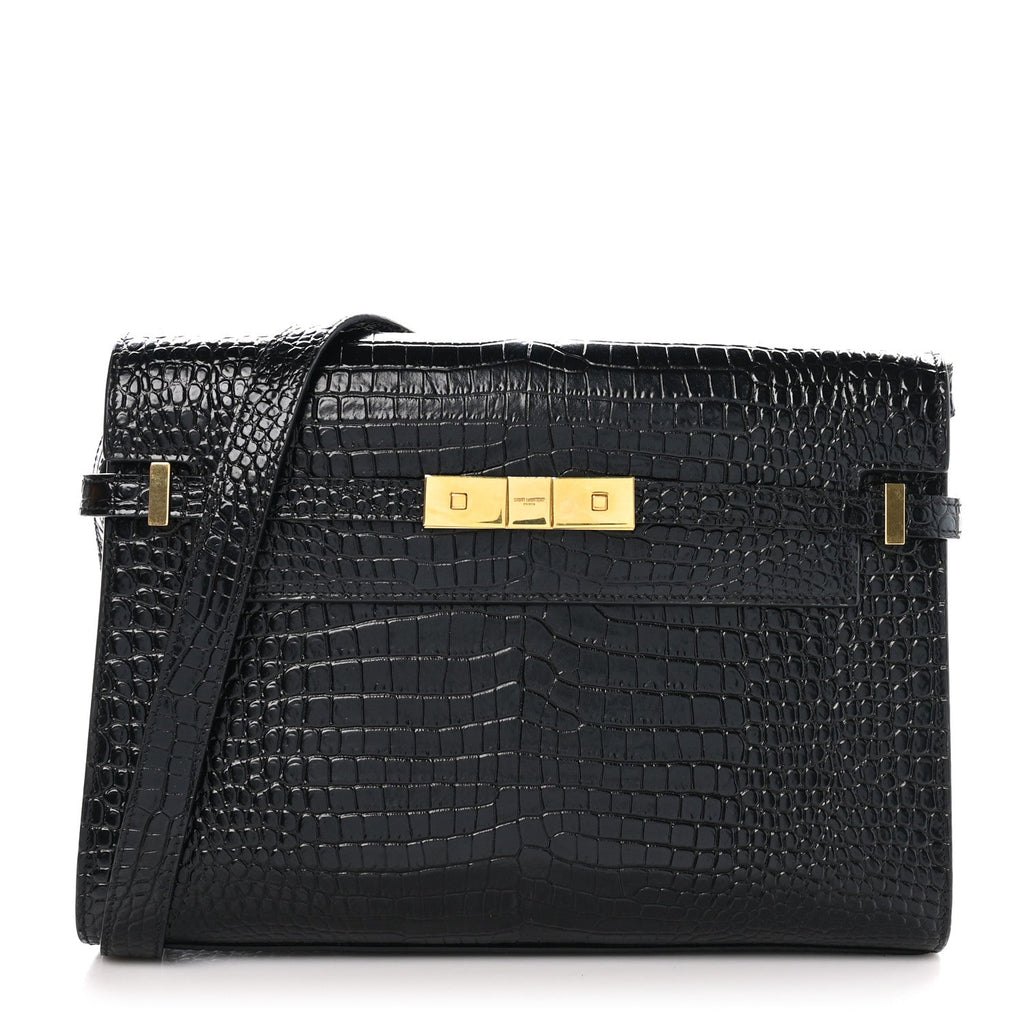 Shiny Calfskin Crocodile Embossed Manhattan Baguette Black