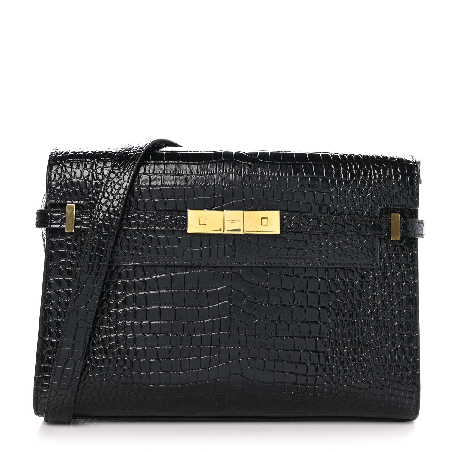 Shiny Calfskin Crocodile Embossed Manhattan Baguette Black