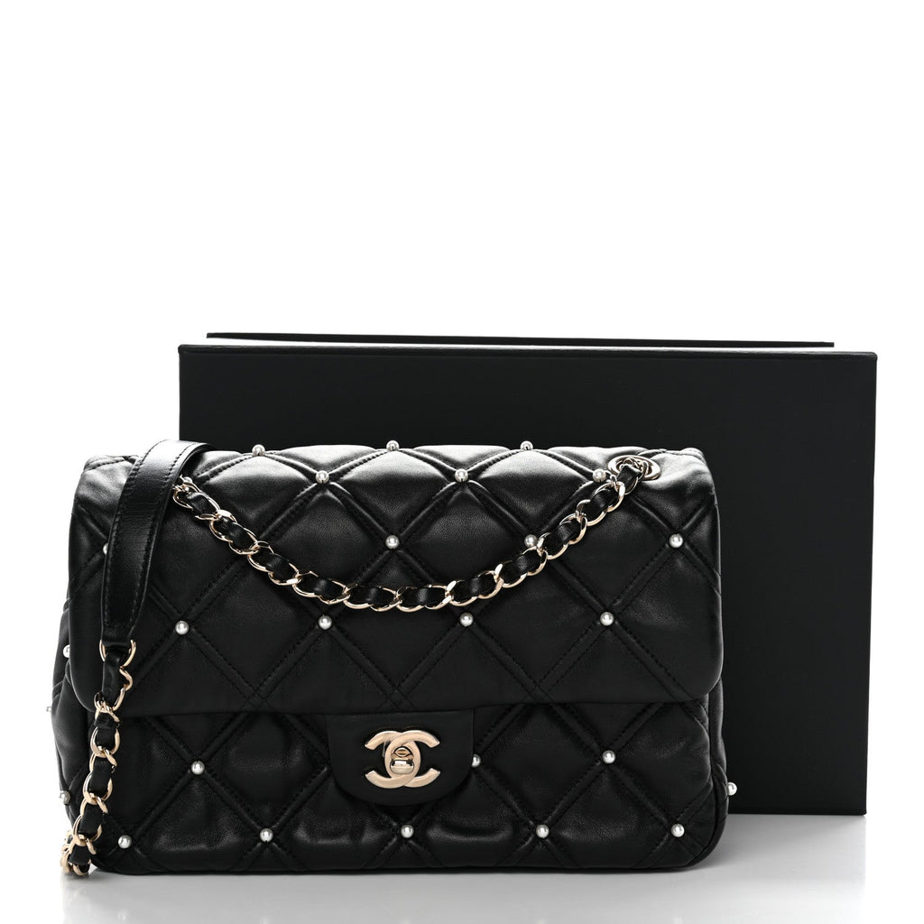 Lambskin Quilted Pearl Studded Flap Black