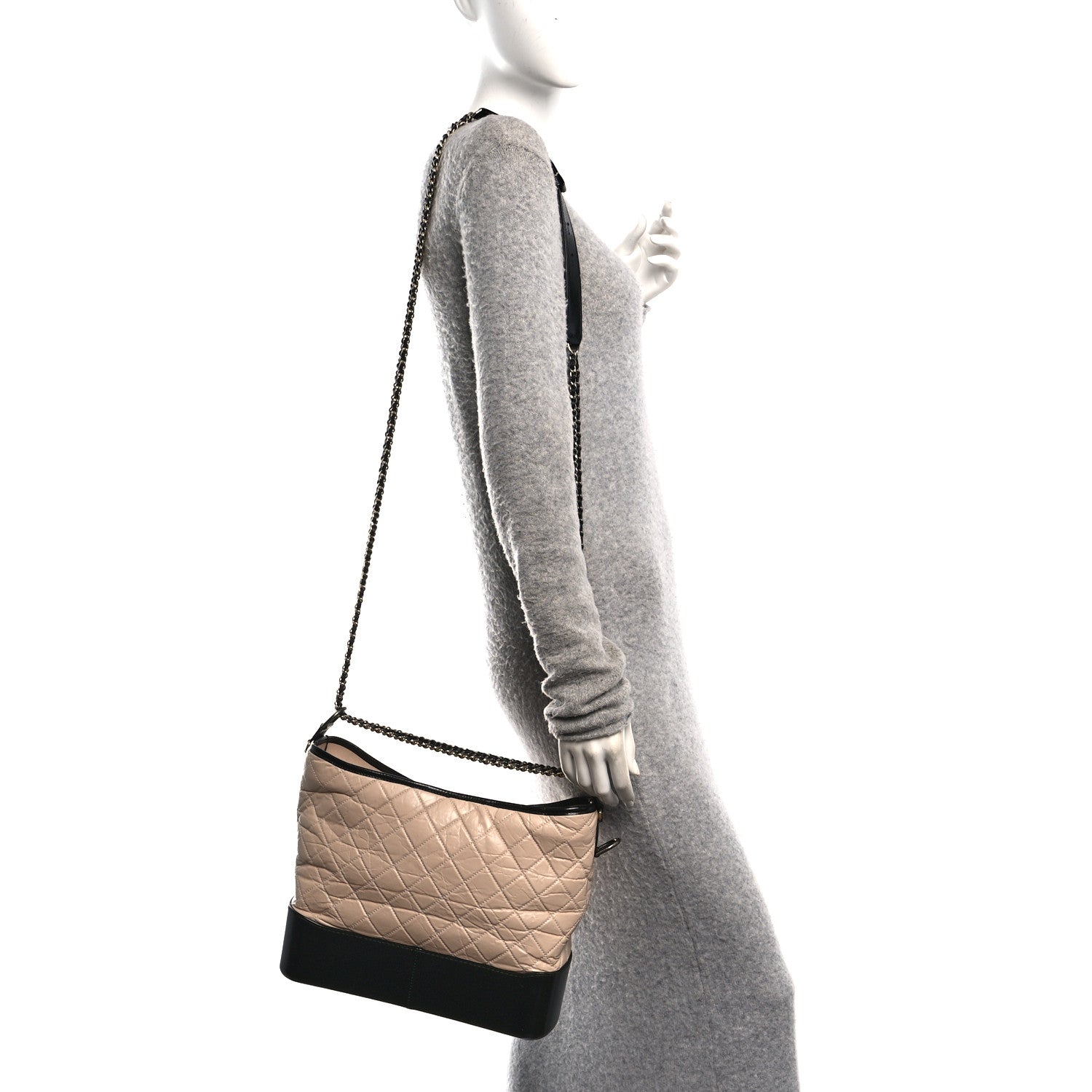 Aged Calfskin Quilted Medium Gabrielle Hobo Beige Black