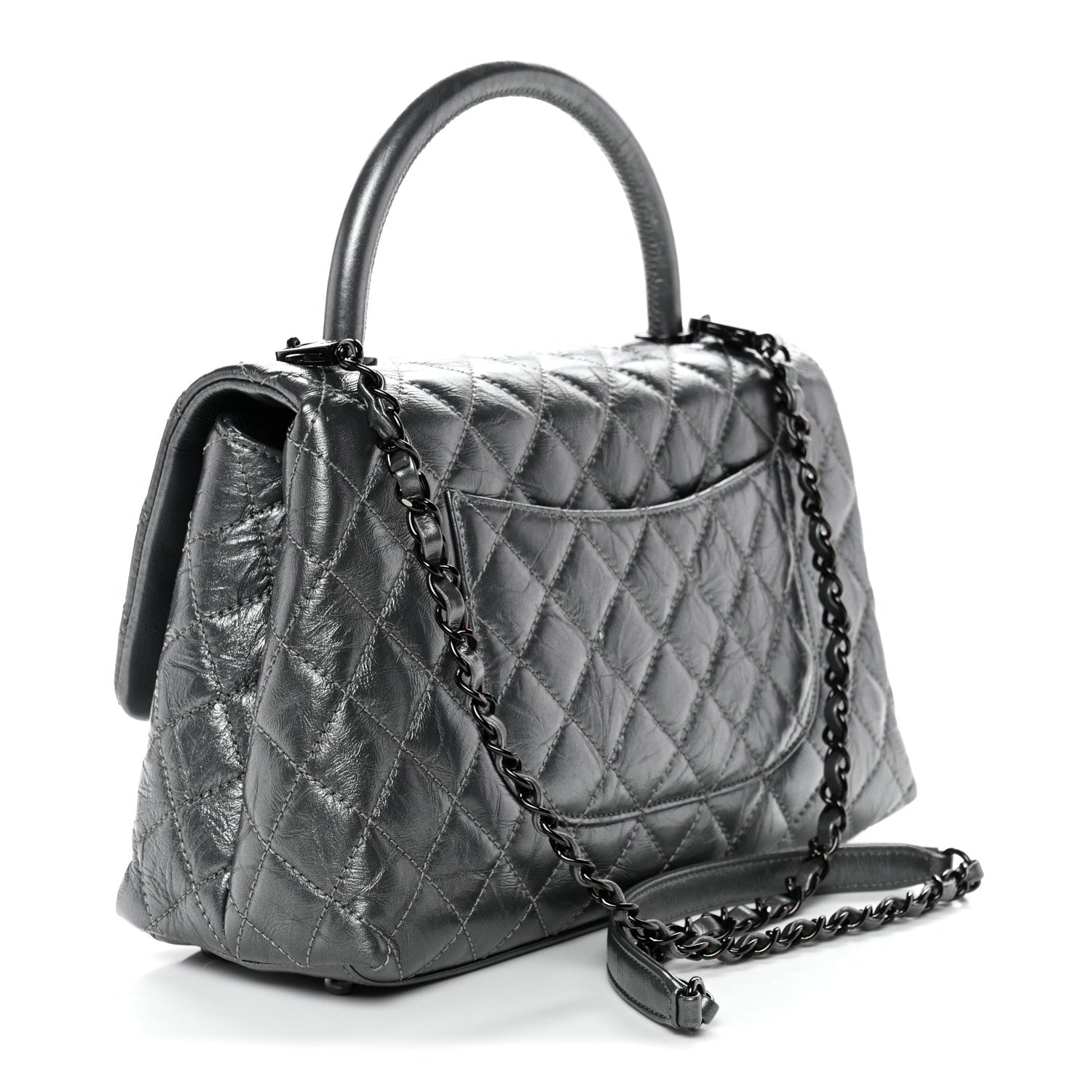 Metallic Aged Calfskin Quilted Small Coco Handle Flap Charcoal