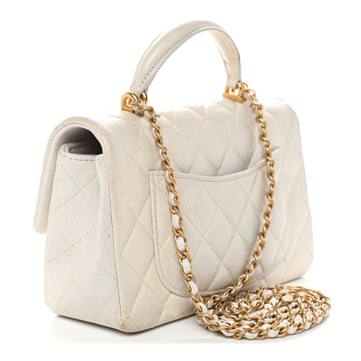 Iridescent Lambskin Quilted Mini Top Handle Rectangular Flap White
