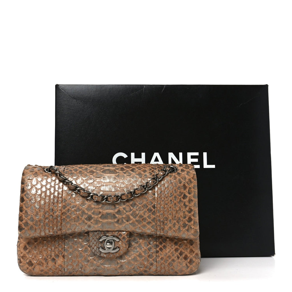 Metallic Snakeskin Medium Double Flap Beige