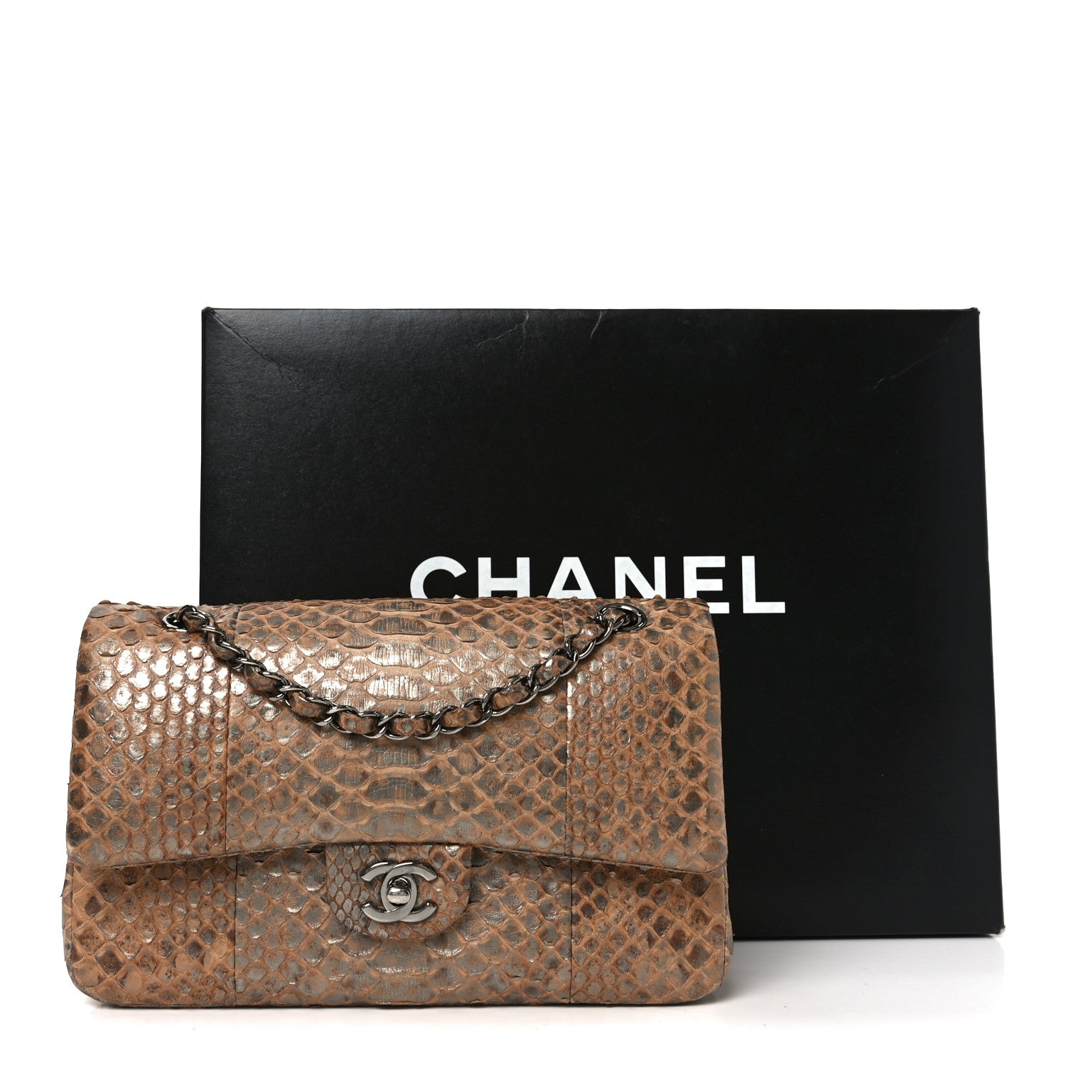Metallic Snakeskin Medium Double Flap Beige