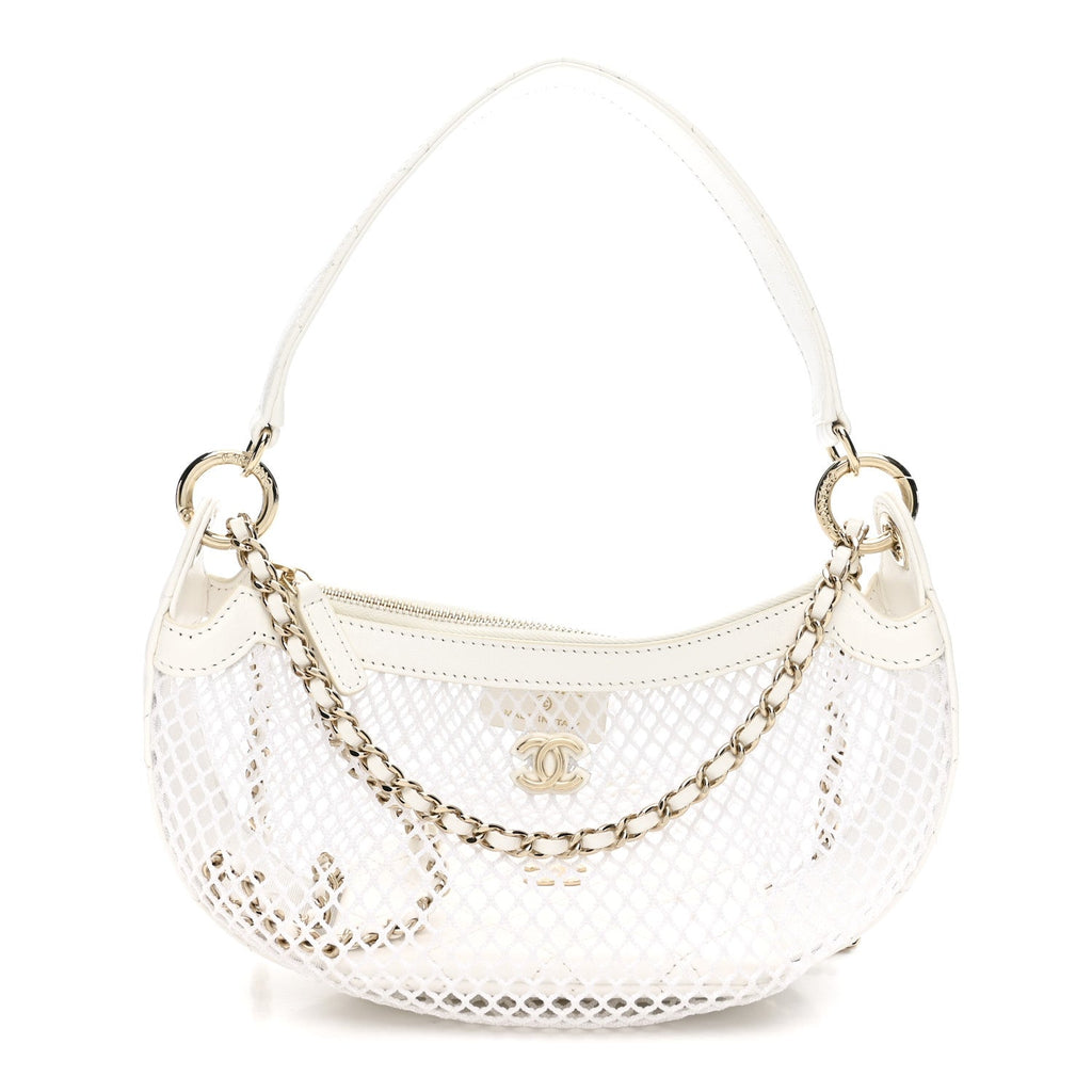 Mesh Shiny Lambskin Chain Hobo White
