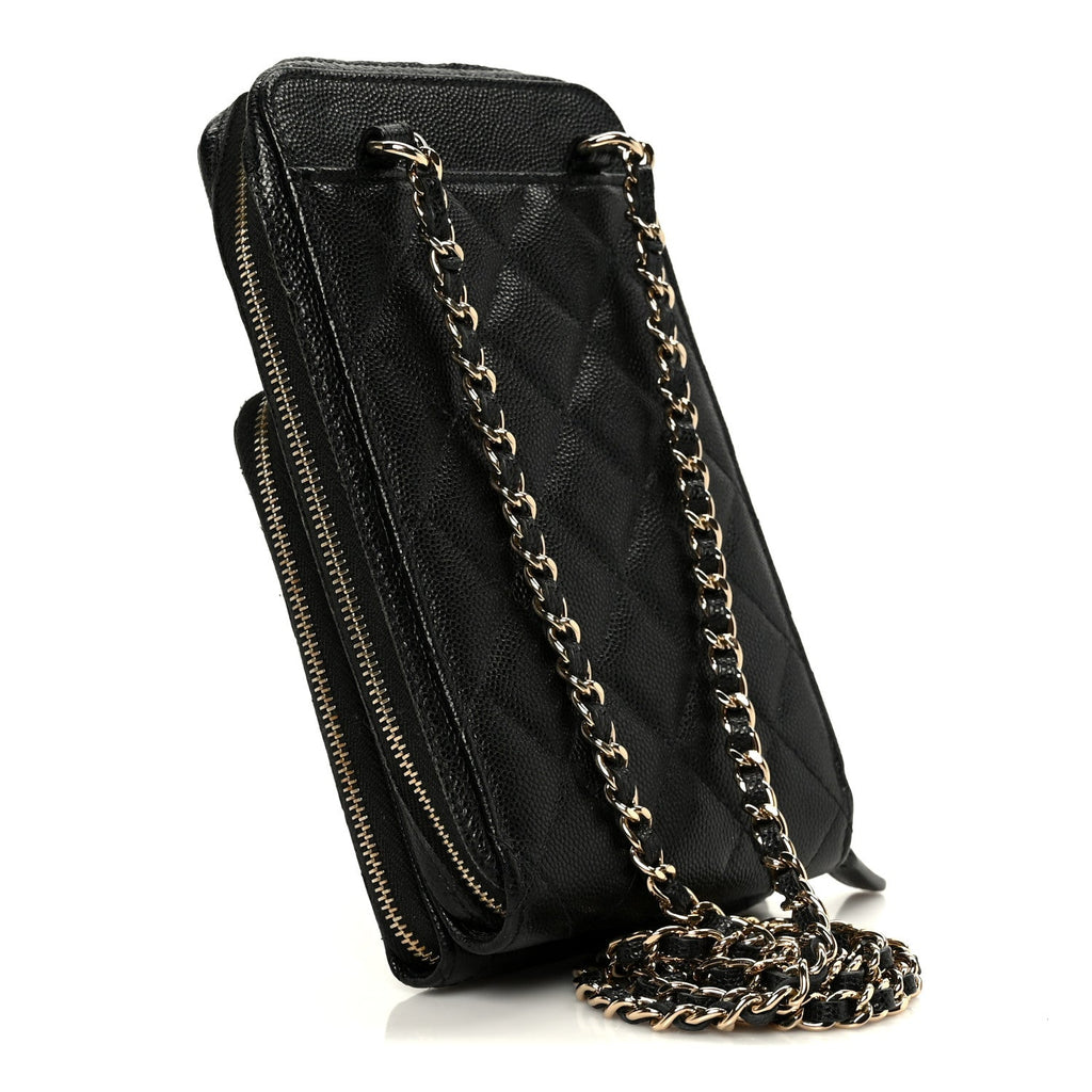 Caviar Quilted Phone Holder With Chain Black