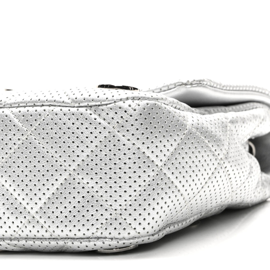 Perforated Metallic Lambskin Small CC Medals Flap Silver