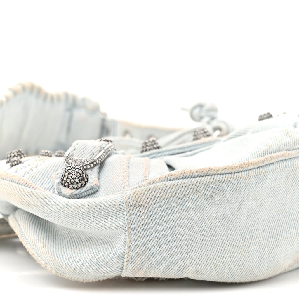 Washed Frayed Denim Crystal XS Le Cagole Shoulder Bag Pale Blue